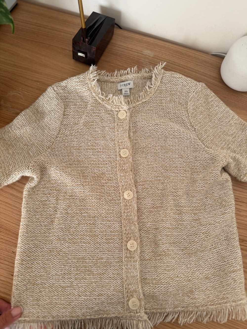 J. Crew Fringe-Trim Button Front Cream Cardigan